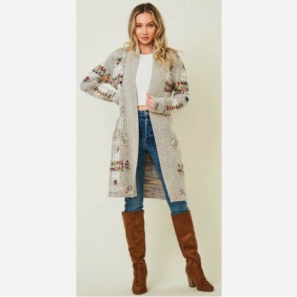 Aztec Tribal Coatigan Cardigan Western Boho Yellowstone Sweater On Blue large - Picture 2 of 11